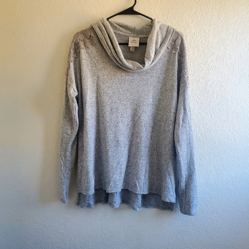 Knox Rose Gray Ribbed Cowl Neck Sweater M Shoulder Embroidery Cozy Comfy